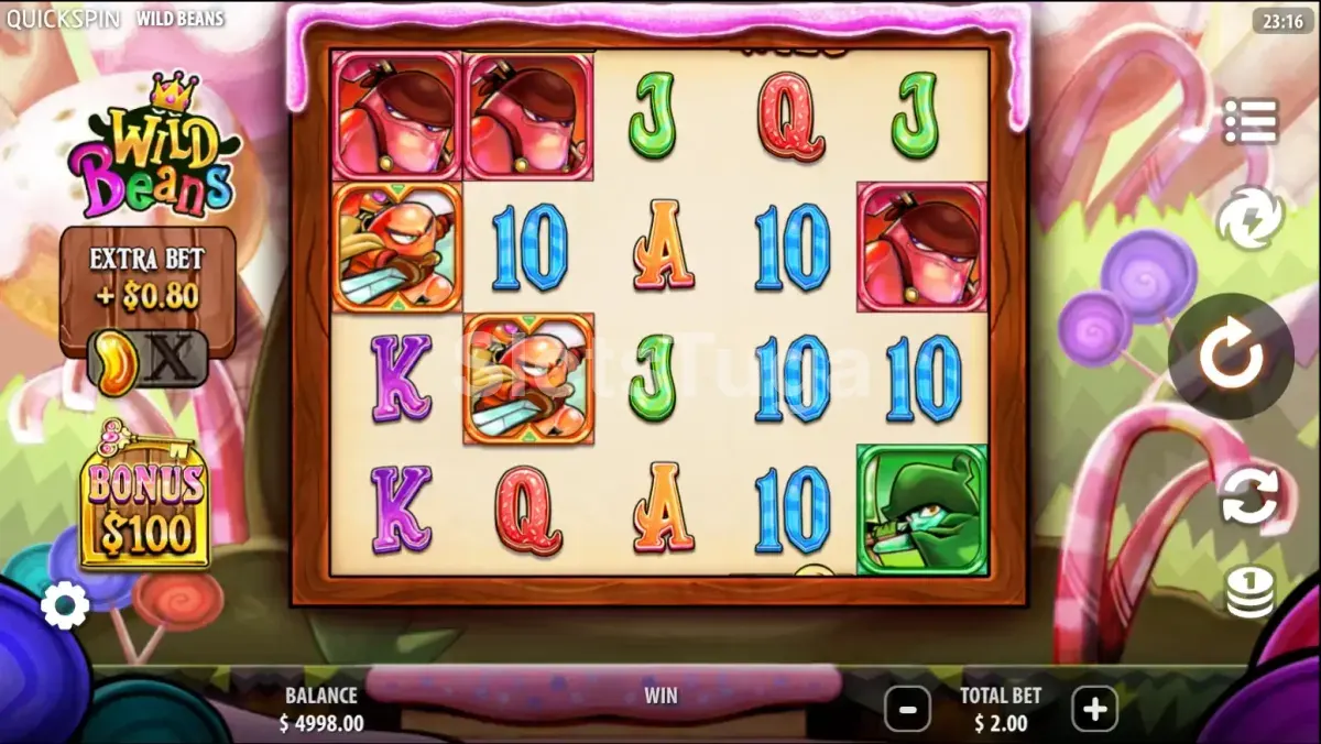 Jogo base de Wild Beans: grelha de cinco por quatro e o painel de aposta extra à esquerda, que acrescenta feijões wild aos rolos.