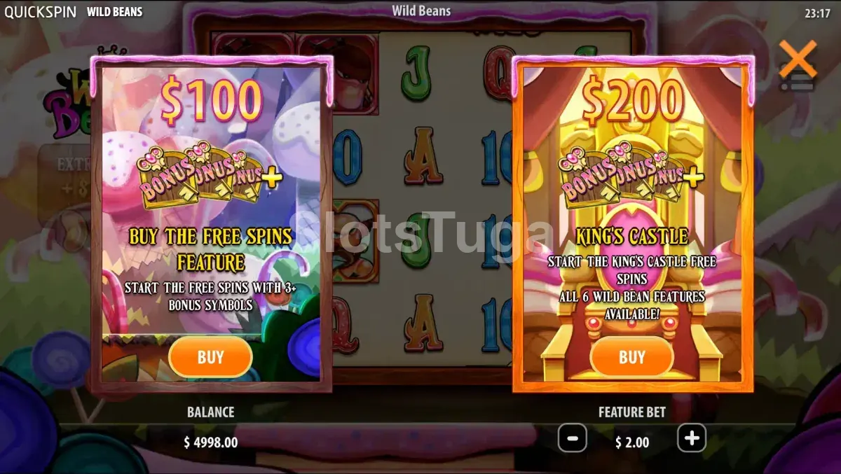 Tela de compra de bonus da Wild Beans com opções de Bonus Buy