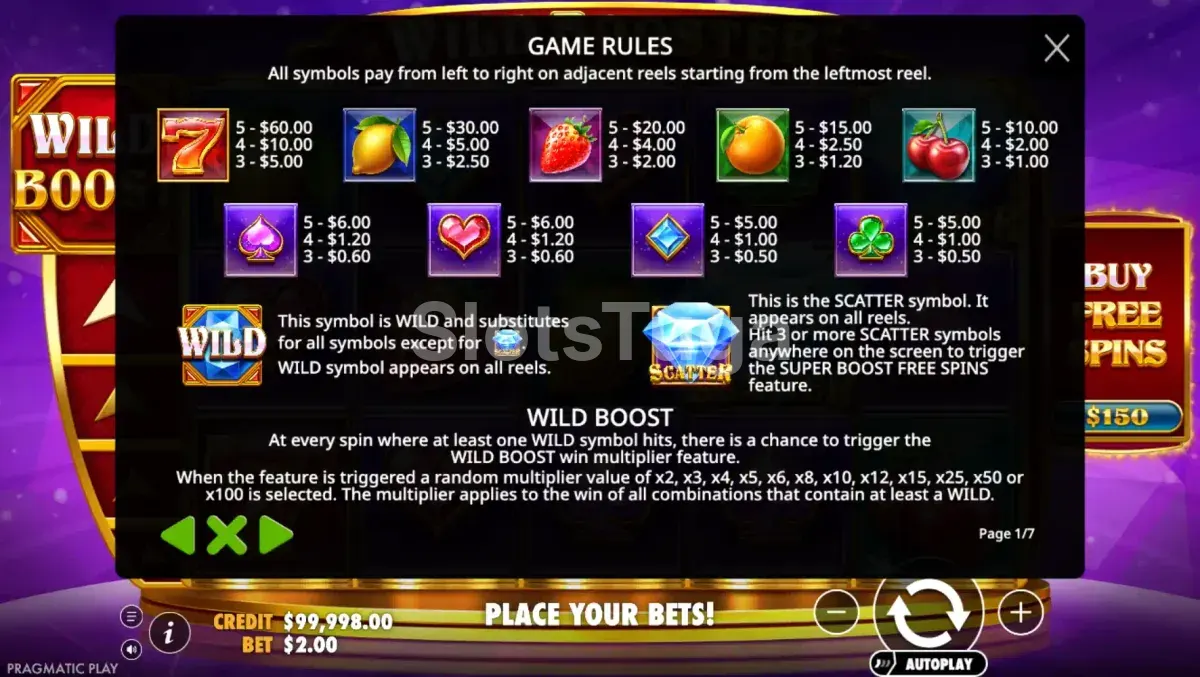 Tabela de pagamentos do Wild Booster mostrando símbolos e valores