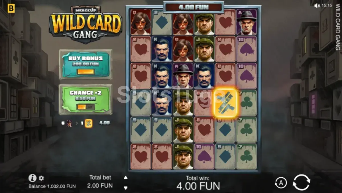 Tela principal do jogo Wild Card Gang com os rolos em destaque