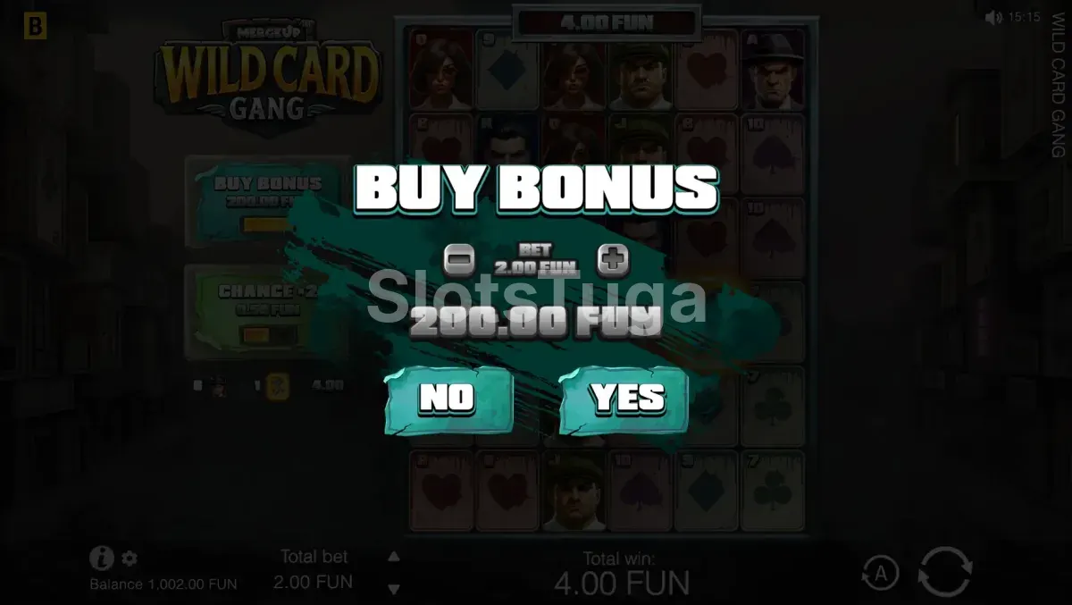 Tela de compra de bônus do Wild Card Gang com as opções disponíveis