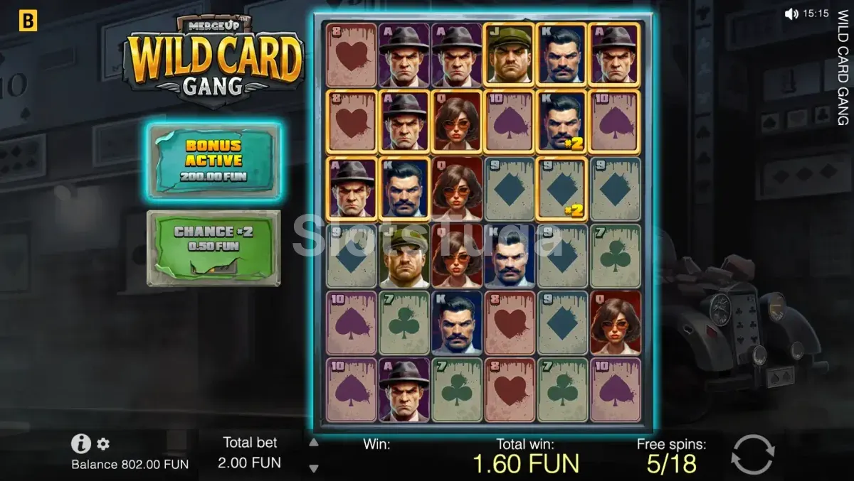 Modo de giros grátis ativado na Wild Card Gang com multiplicadores visíveis