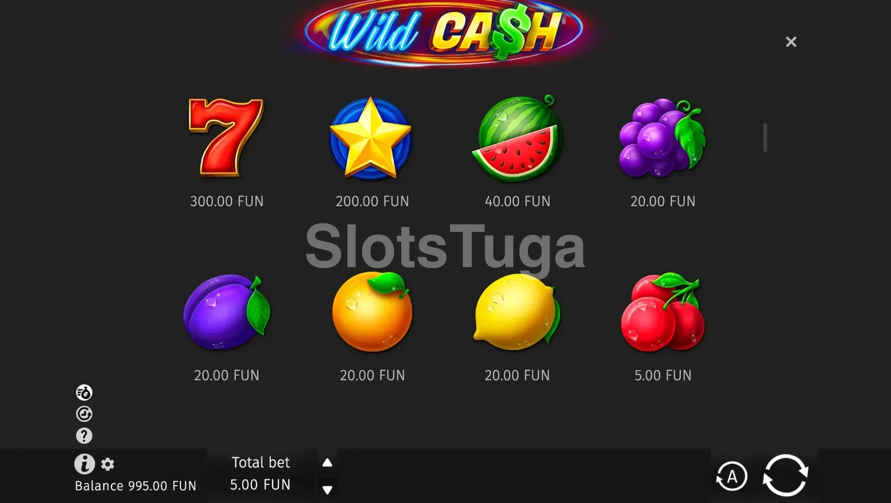 Tabela de pagamentos da slot Wild Cash da BGaming