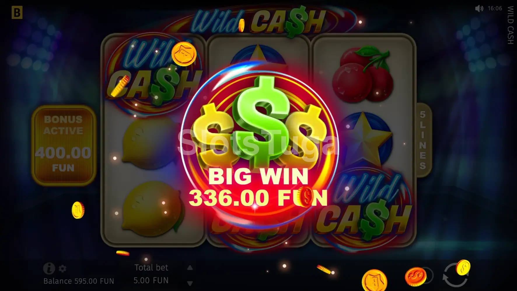 Grande vitória na slot Wild Cash mostrando multiplicador alto