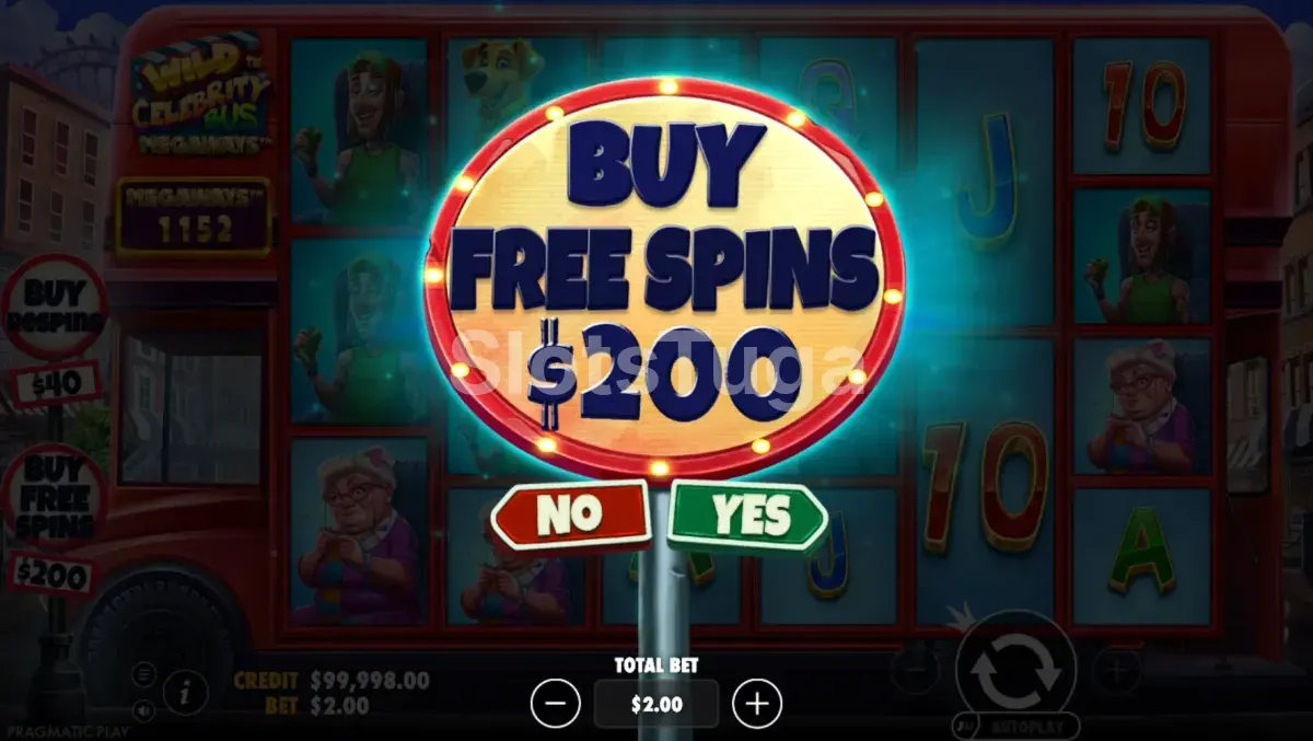 Tela de compra de bônus da Wild Celebrity Bus Megaways com opções de Respins e Free Spins