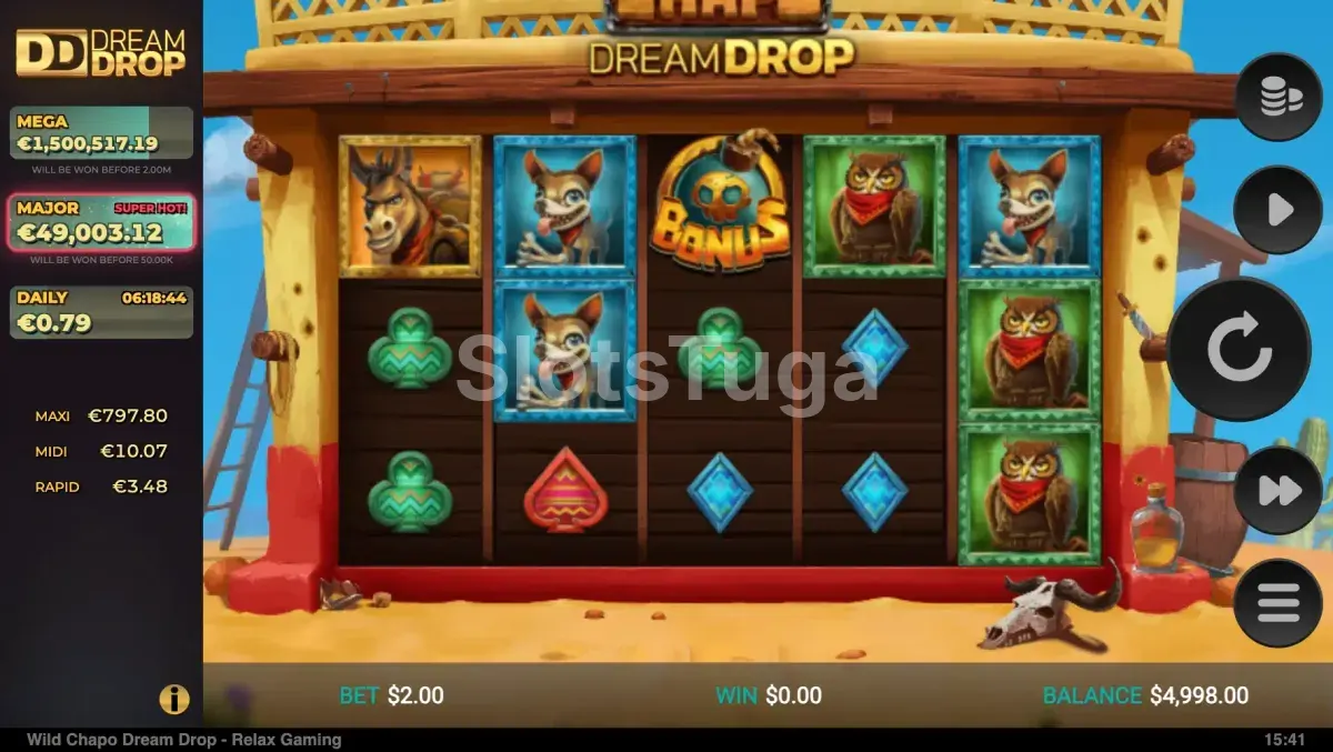 Gameplay principal do Wild Chapo Dream Drop com símbolos no sertão mexicano