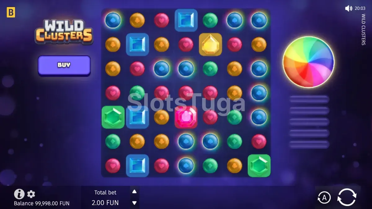 Jogo base da Wild Clusters com grade 7x7 e símbolos coloridos