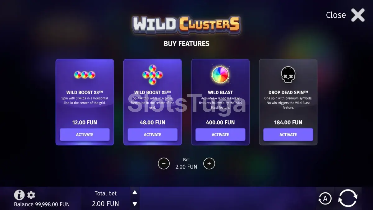 Interface de Bonus Buy da Wild Clusters mostrando opções de compra