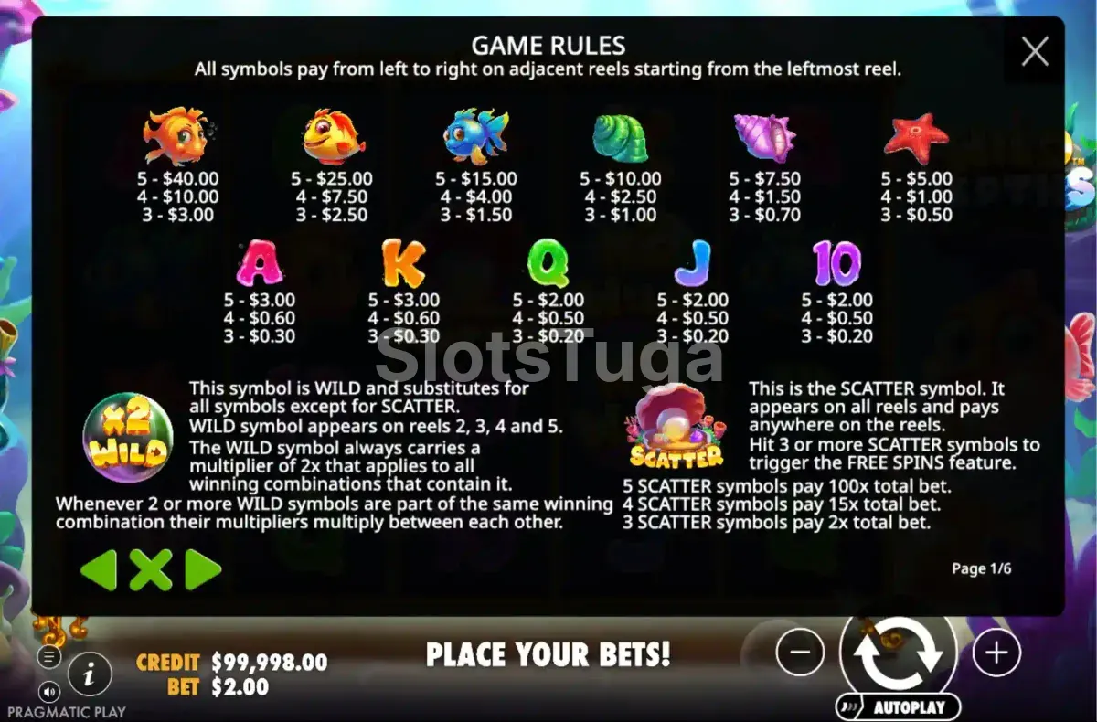 Tabela de pagamentos da slot Wild Depths da Pragmatic Play