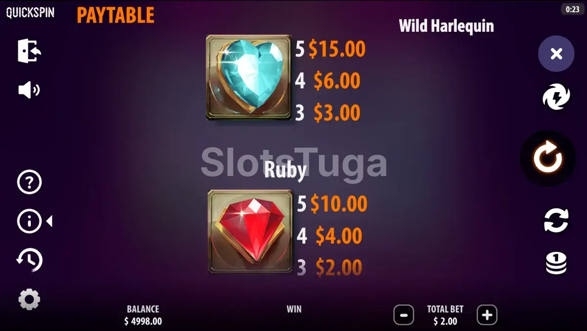 Tabela de pagamentos da slot Wild Harlequin mostrando símbolos e valores