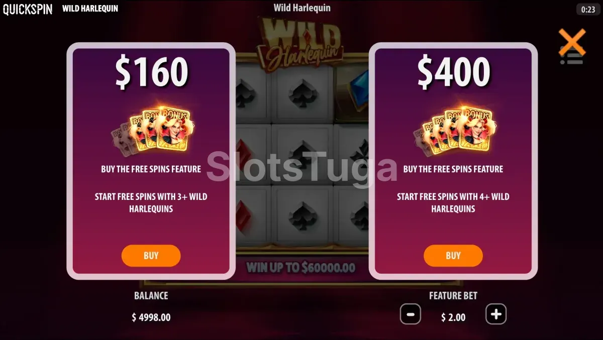 Tela de compra de bônus da Wild Harlequin com opções de Bonus Buy