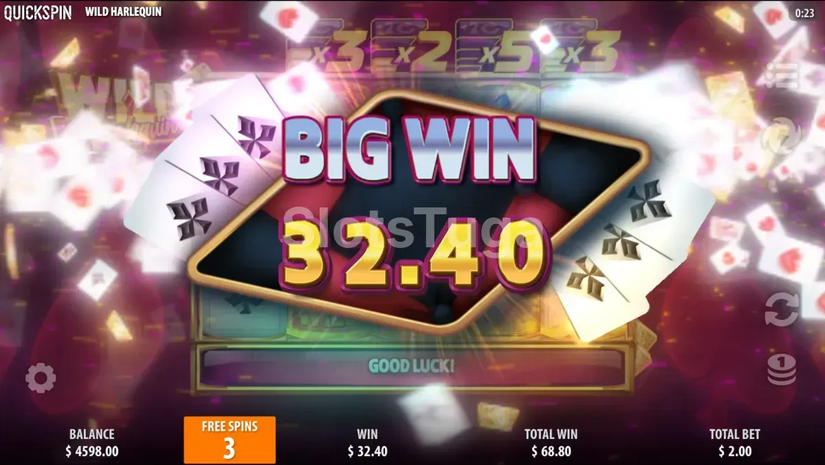 Tela de grande vitória na Wild Harlequin com multiplicador alto e confetes