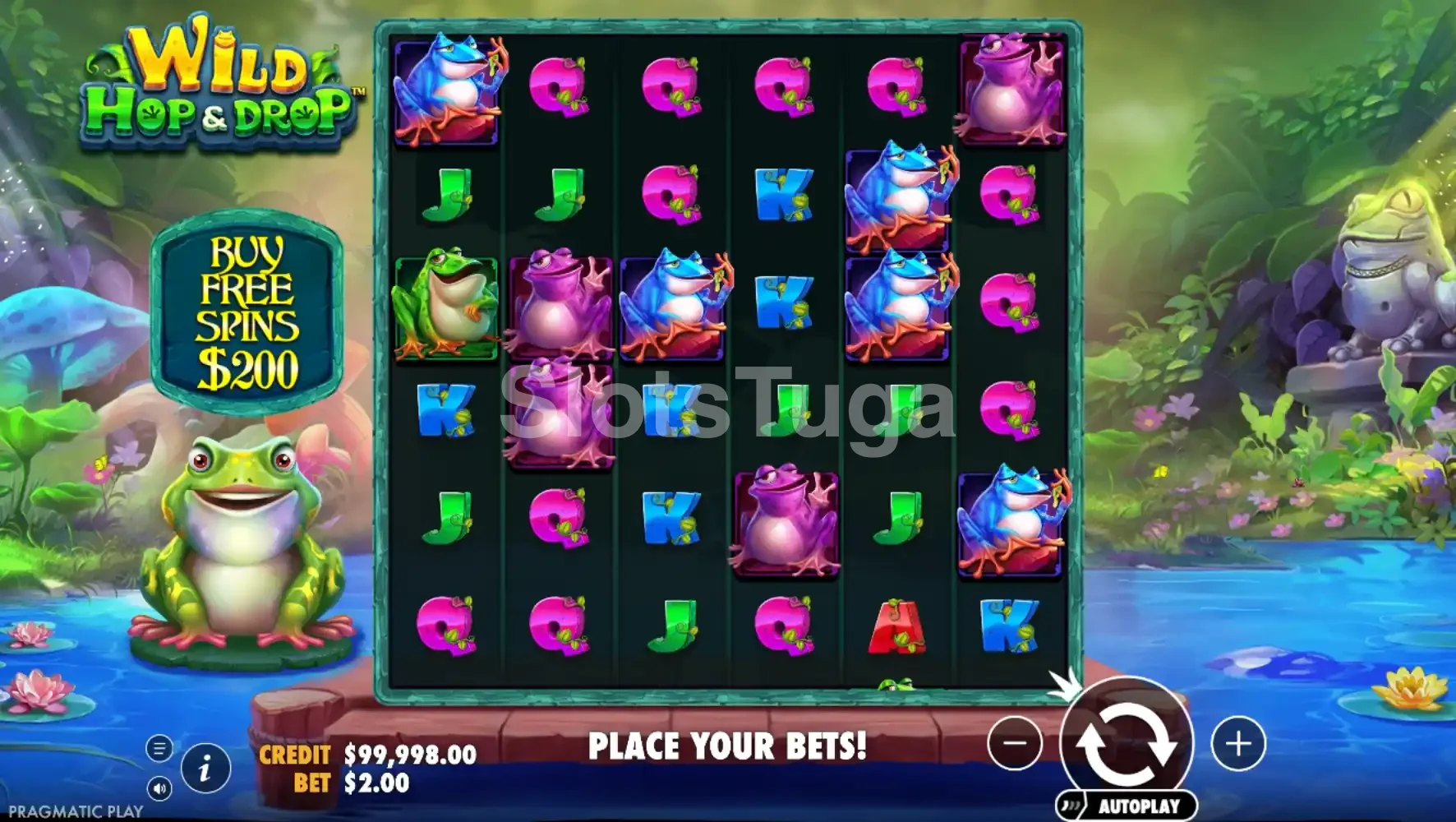 Jogo base do Wild Hop & Drop com grid 6x6 e sapos coloridos