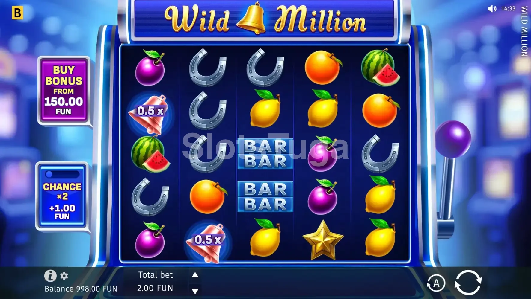 Tela principal do jogo Wild Million com rolos de frutas clássicas