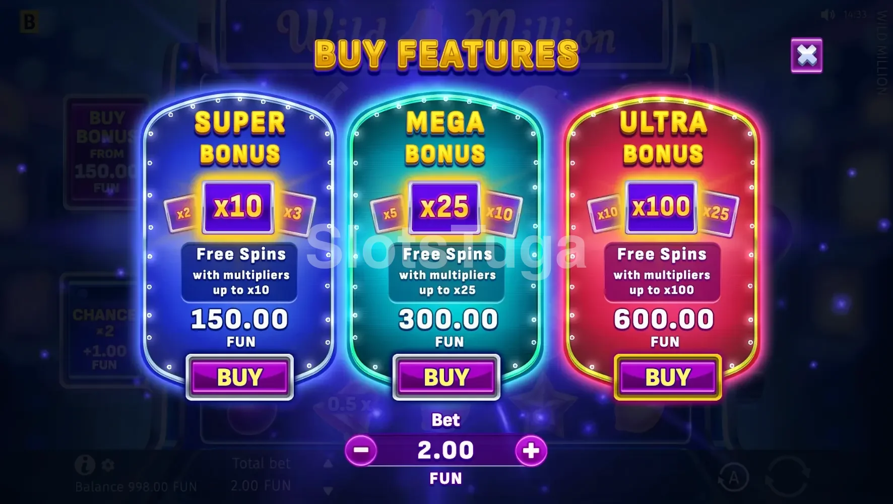 Tela de compra de bônus da slot Wild Million com opções disponíveis