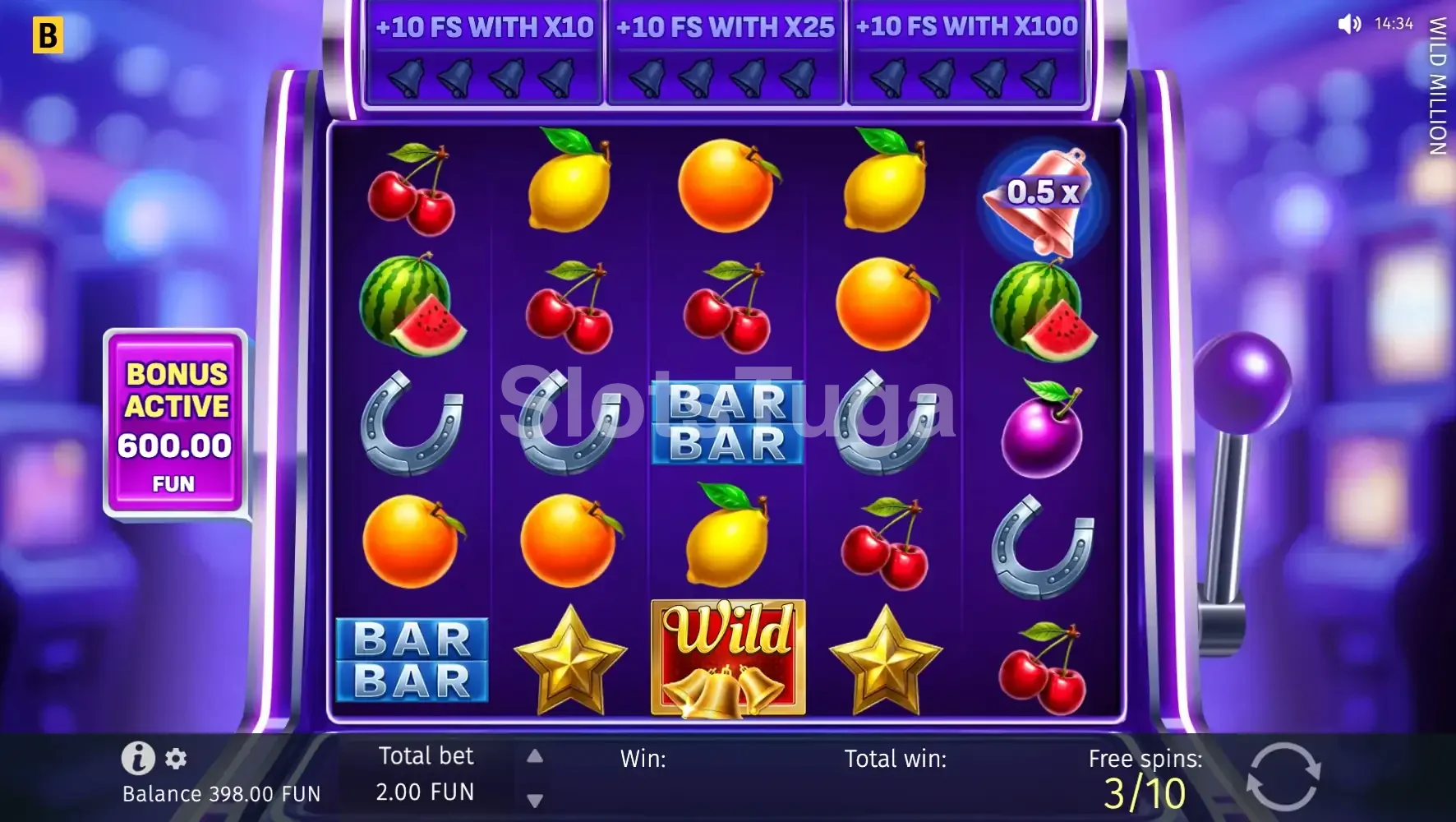 Rodadas grátis ativas na slot Wild Million com multiplicador crescendo