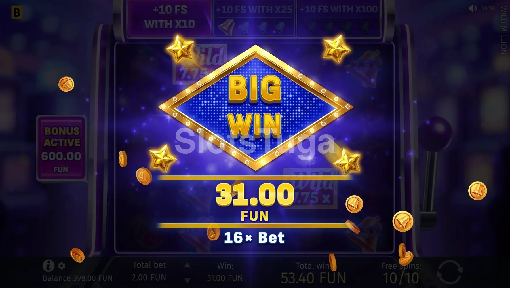 Big win na slot Wild Million com multiplicador máximo ativado