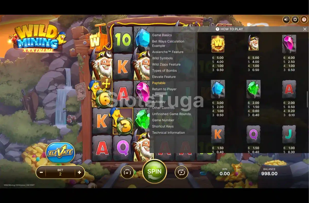 Tabela de pagamentos da Wild Mining XXXtreme mostrando símbolos e valores