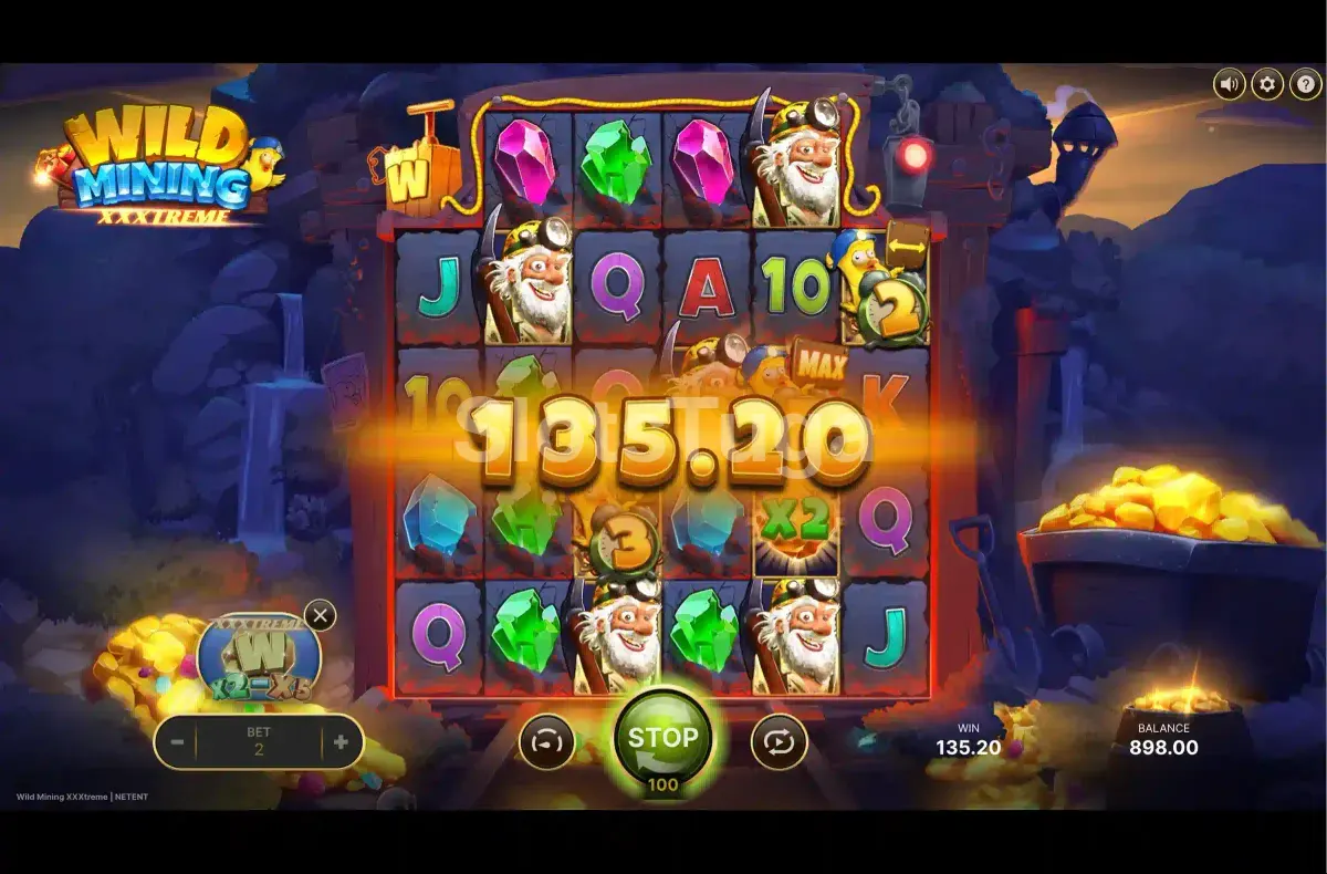 Big Win épico na Wild Mining XXXtreme com multiplicadores e animação de explosão