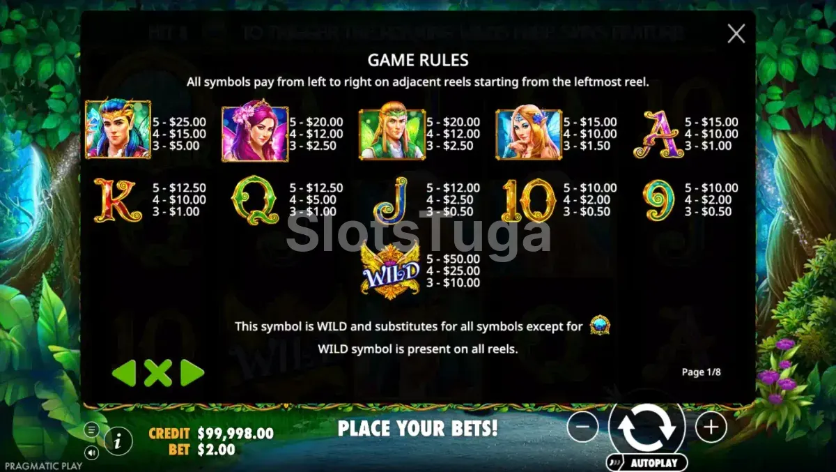 Tabela de pagamentos da Wild Pixies com símbolos e premiações
