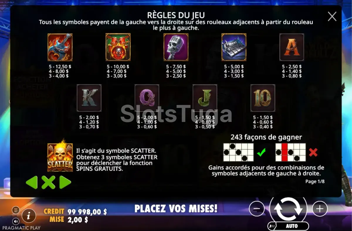 Tabela de pagamentos da Wild Skullz mostrando símbolos e valores