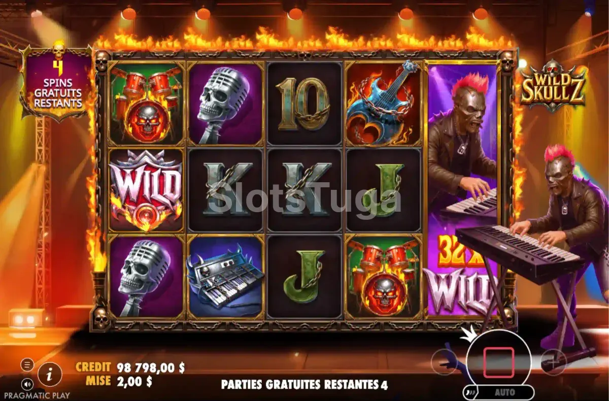 Modo de rodadas grátis ativado na Wild Skullz com multiplicadores visíveis