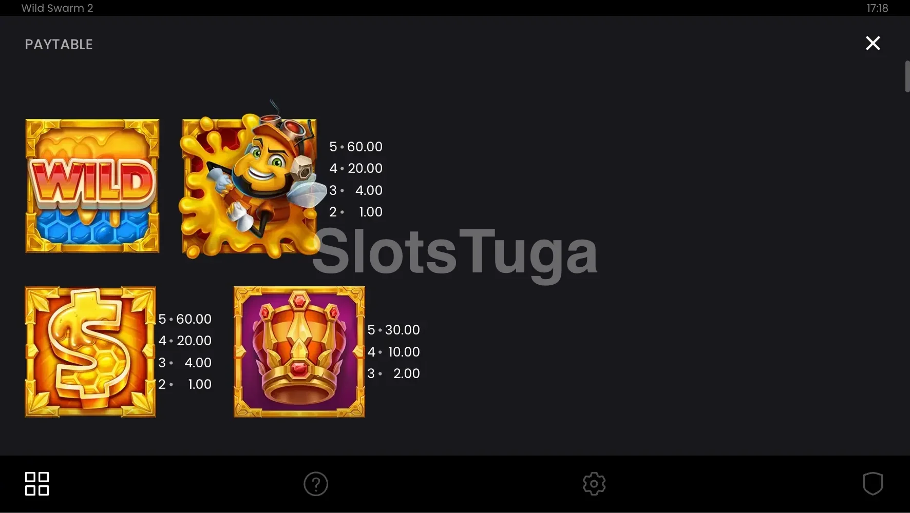 Tabela de pagamentos do Wild Swarm 2 com símbolos e valores