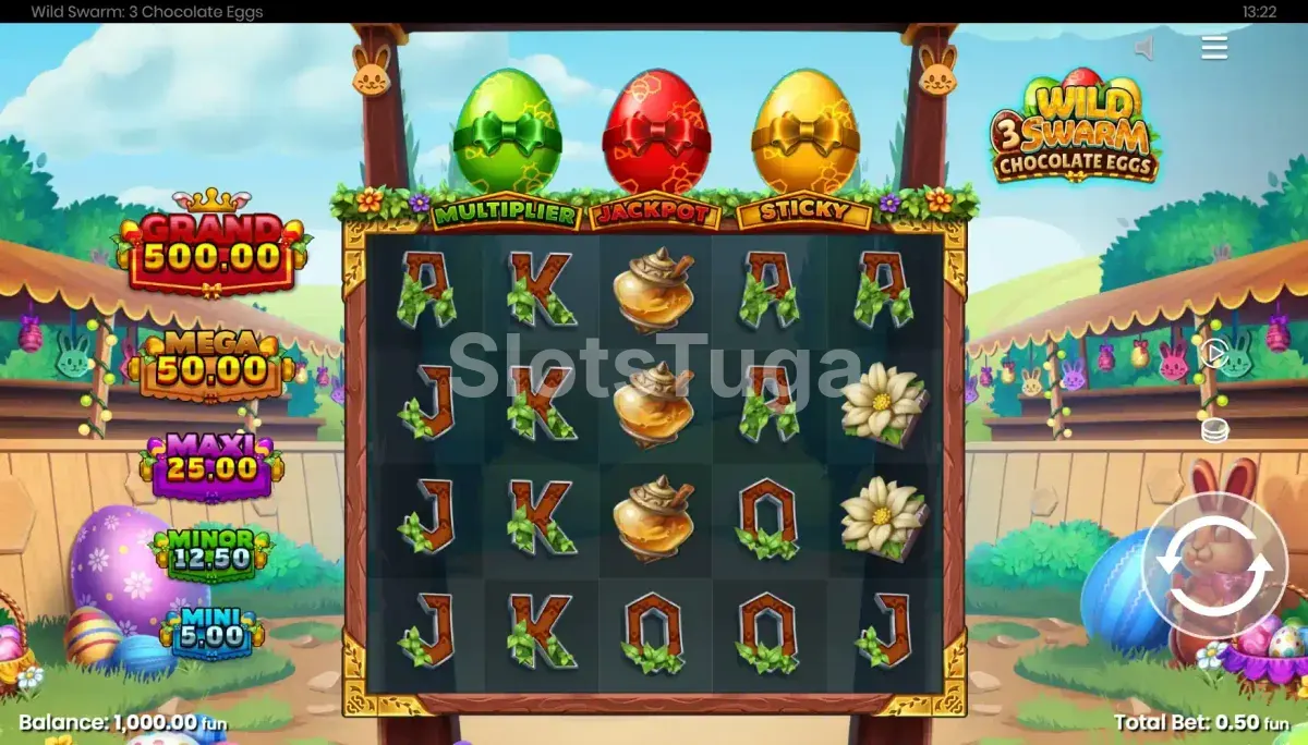 Tela principal do jogo Wild Swarm 3 Chocolate Eggs com os rouleaux em destaque