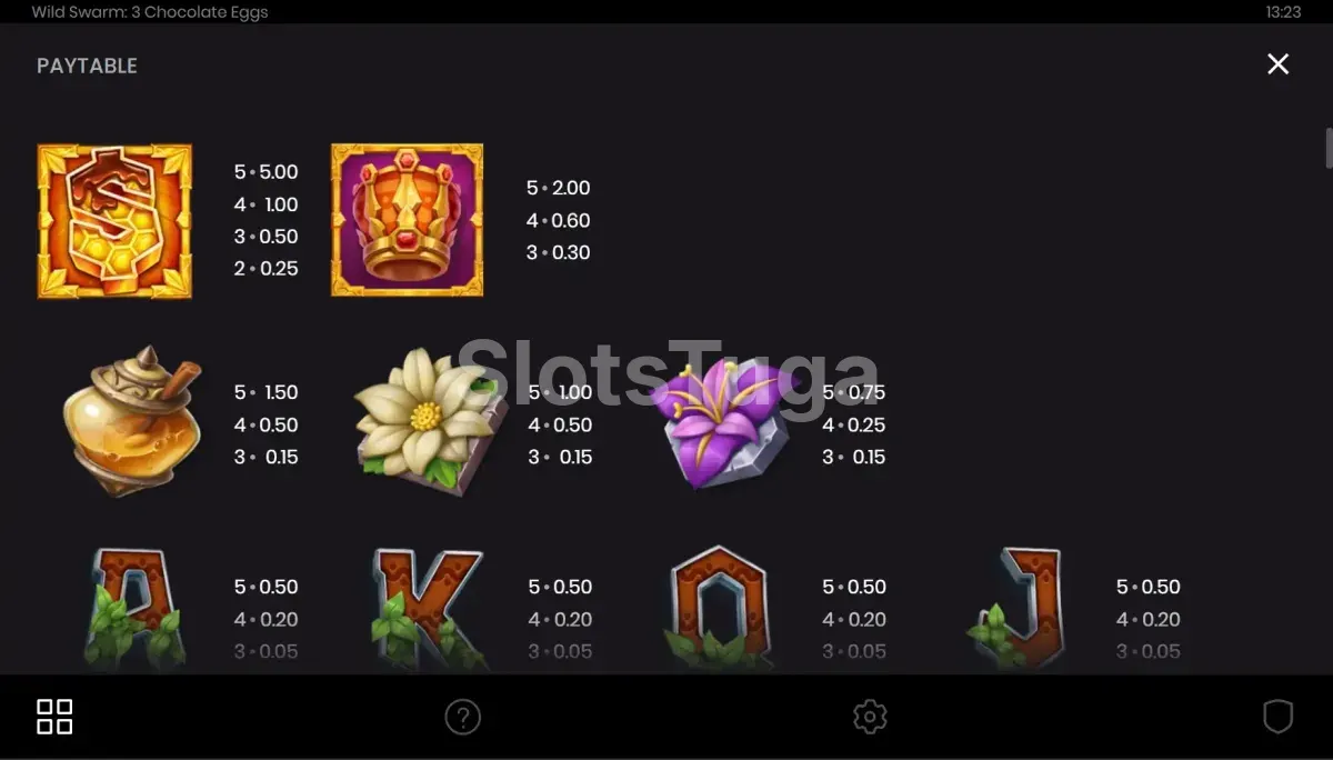 Tabela de pagamentos da slot Wild Swarm 3 Chocolate Eggs mostrando os símbolos e valores