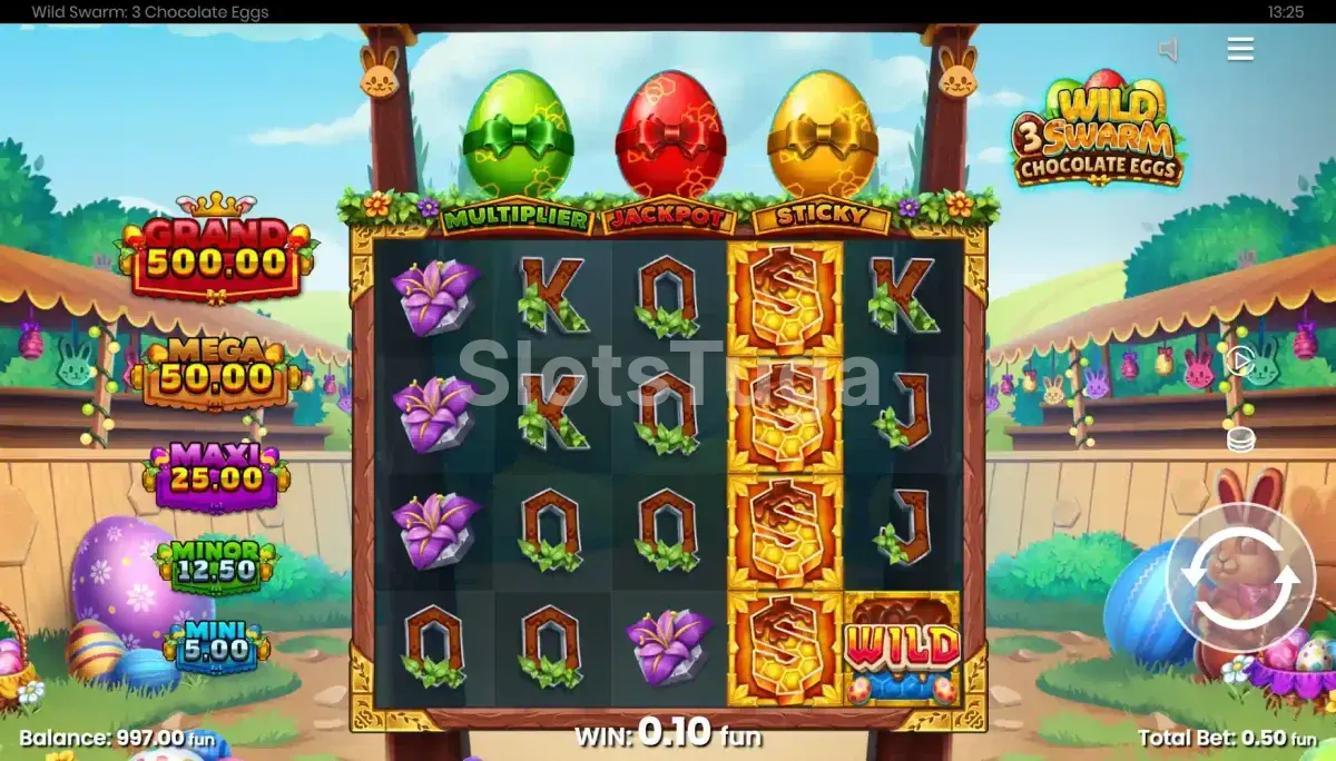 Resultado de rodada com combinação vencedora na slot Wild Swarm 3 Chocolate Eggs