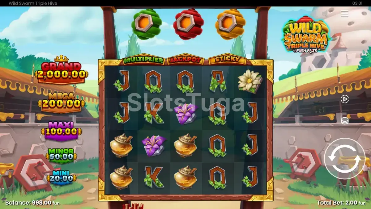 Jogo base do Wild Swarm Triple Hive com os três favos acima dos rolos