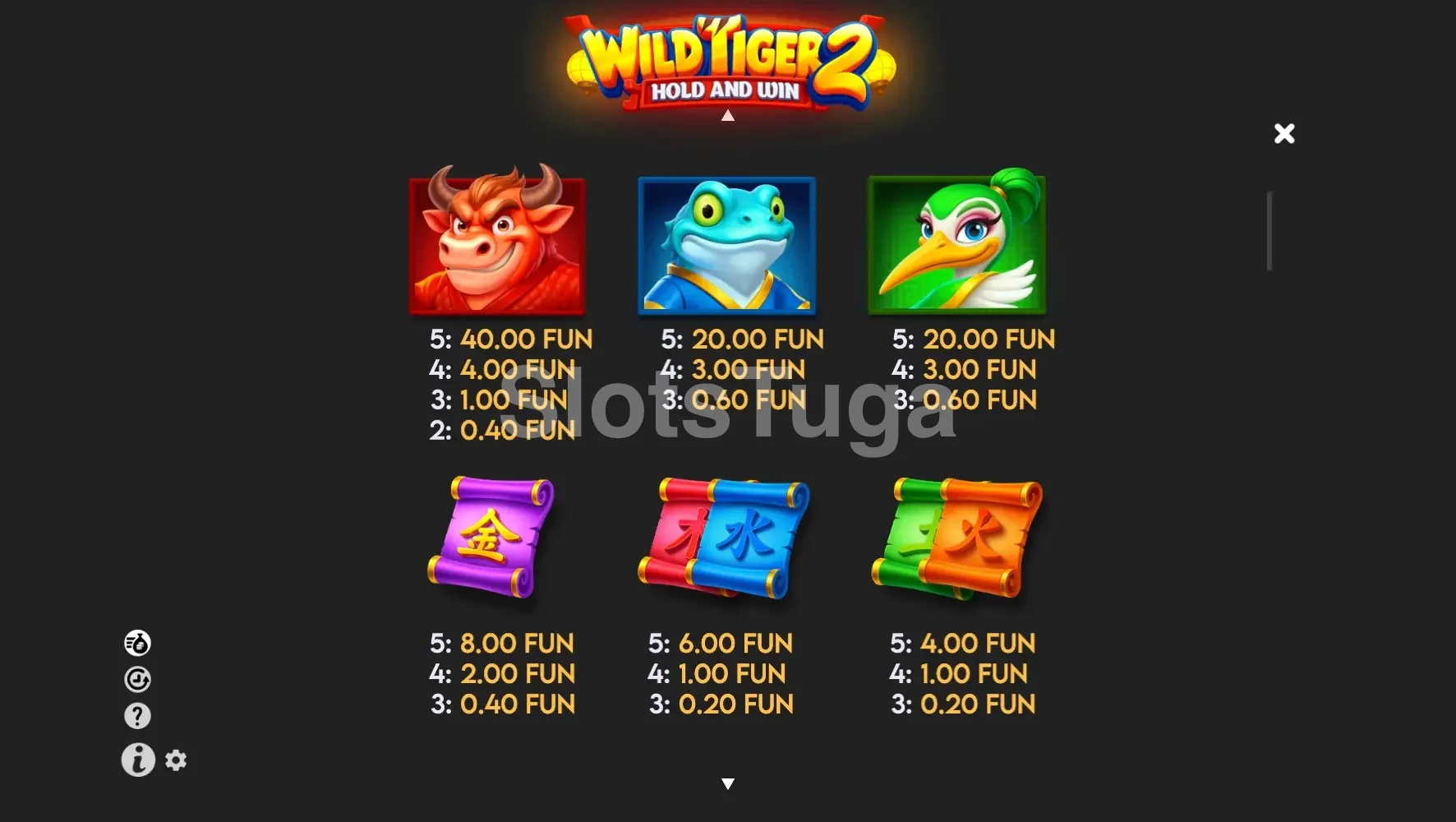 Tabela de pagamentos da Wild Tiger 2 com símbolos e multiplicadores