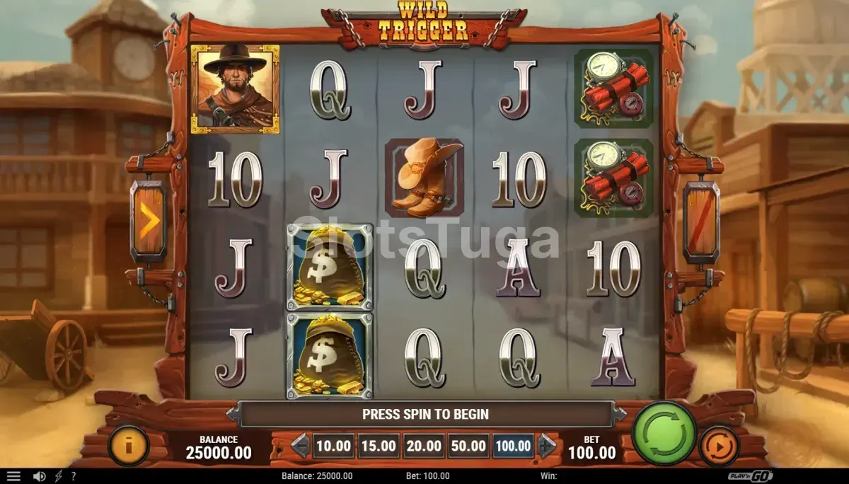 Jogo base da slot Wild Trigger com cenário do Velho Oeste