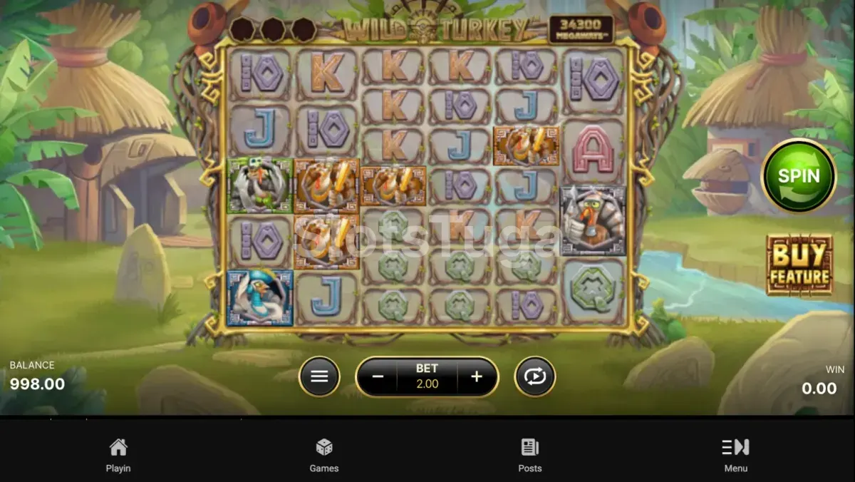 Jogo base da Wild Turkey Megaways com a vila de perus em destaque
