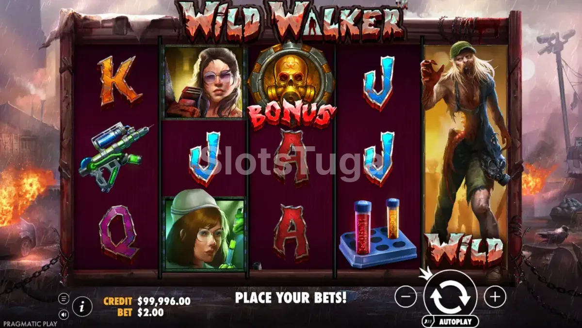 Jogo base da Wild Walker com rolos e zumbis em ação