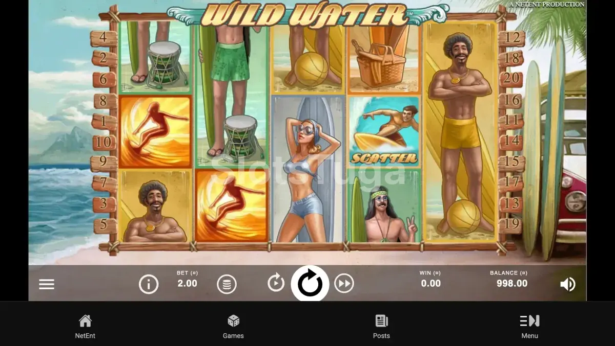 Tela principal da slot Wild Water com tema de surfe