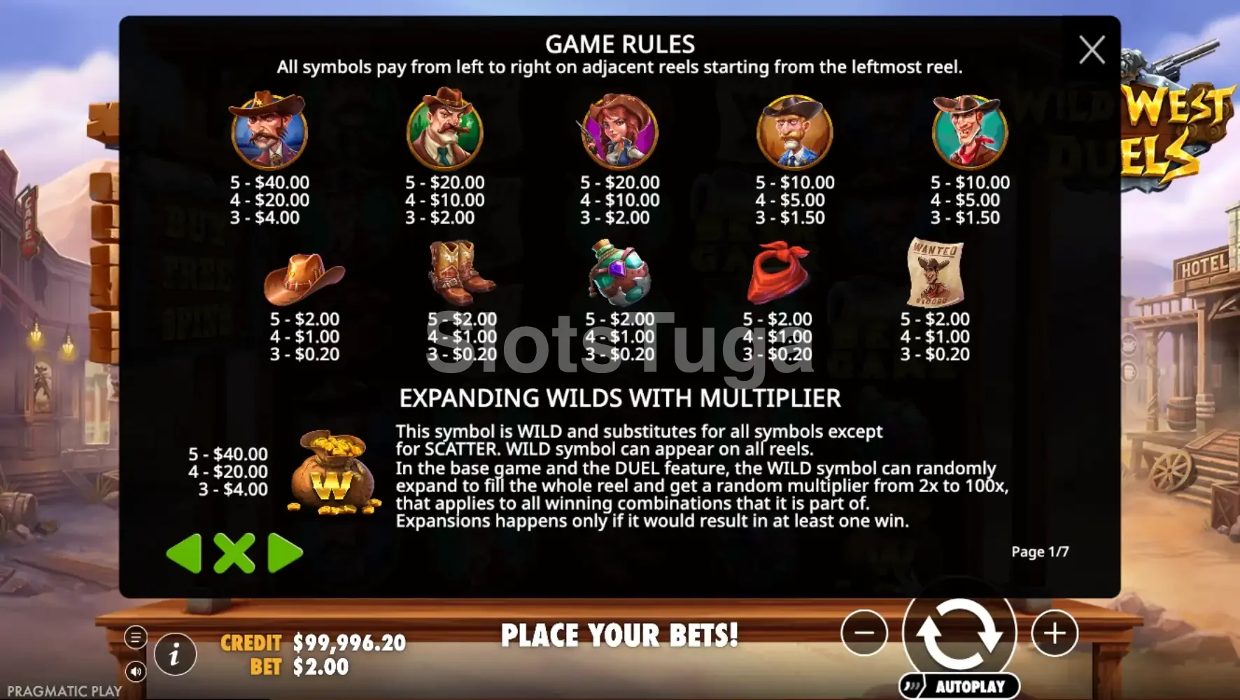 Tabela de pagamentos da slot Wild West Duels