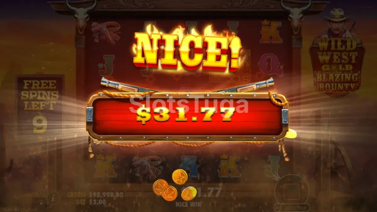 Grande vitória na Wild West Gold Blazing Bounty com multiplicador explosivo na tela