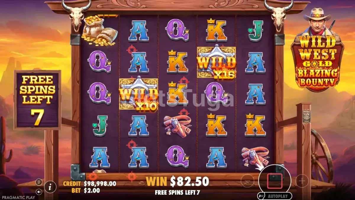 Tela de rodadas gratuitas da Wild West Gold Blazing Bounty com Sticky Wilds ativados