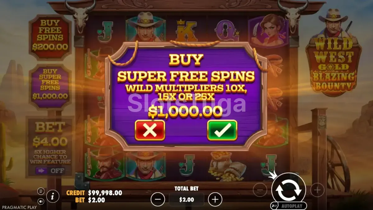 Menu de compra de bônus da Wild West Gold Blazing Bounty com opções de ativação direta