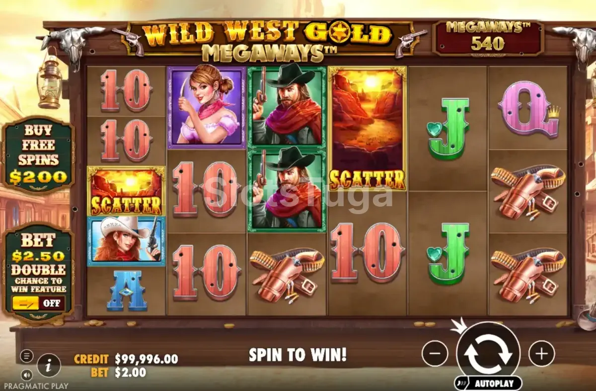 Tela principal do jogo Wild West Gold Megaways com os rouleaux e símbolos do Velho Oeste