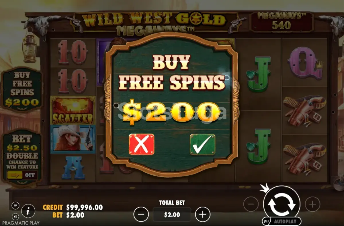 Tela de compra de bônus da Wild West Gold Megaways com as opções disponíveis