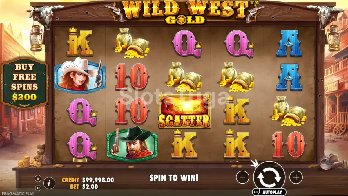 Wild West Gold: cinco rolos numa rua de saloon com sacos de moedas de ouro, uma cowgirl ruiva de revólver, um pistoleiro de chapéu preto e o scatter do pôr do sol no rolo central.