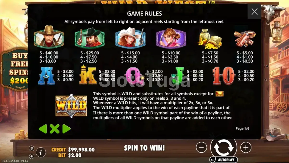 Tabela de pagamentos da slot Wild West Gold mostrando os símbolos e valores