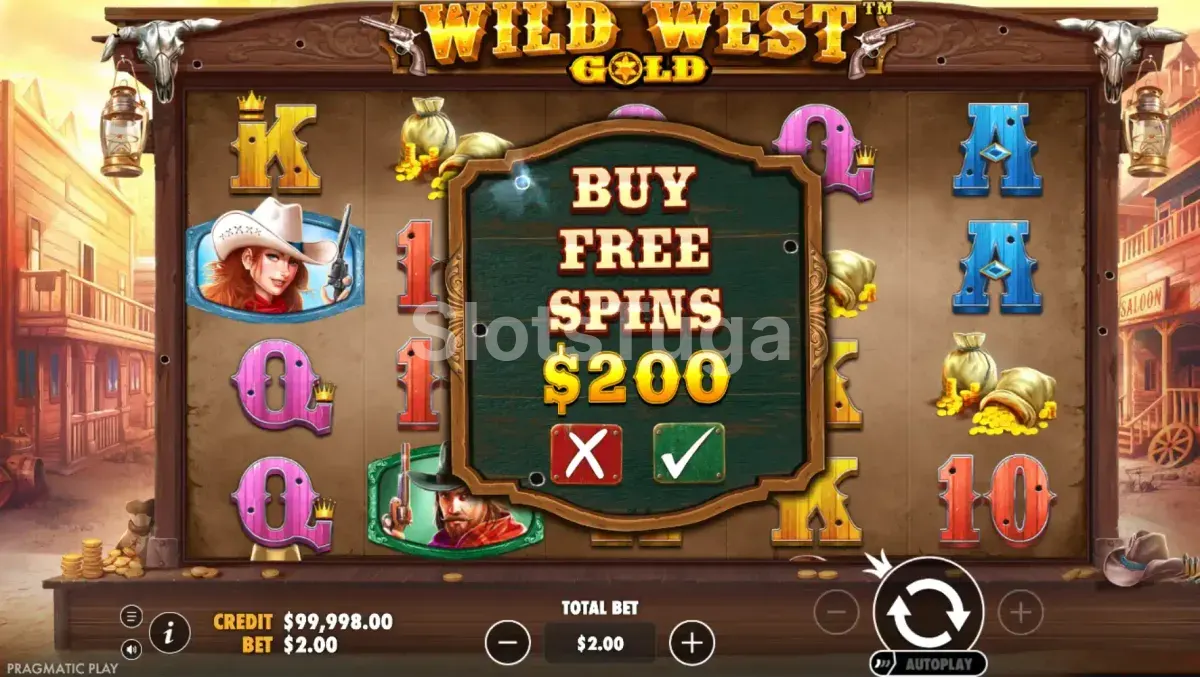 Tela de compra de bônus da slot Wild West Gold com opções de Bonus Buy disponíveis