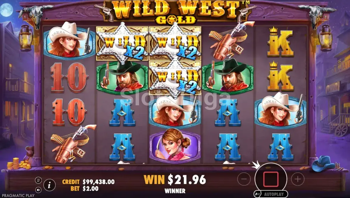 Rodadas grátis ativas na slot Wild West Gold com Sticky Wilds e multiplicadores na tela