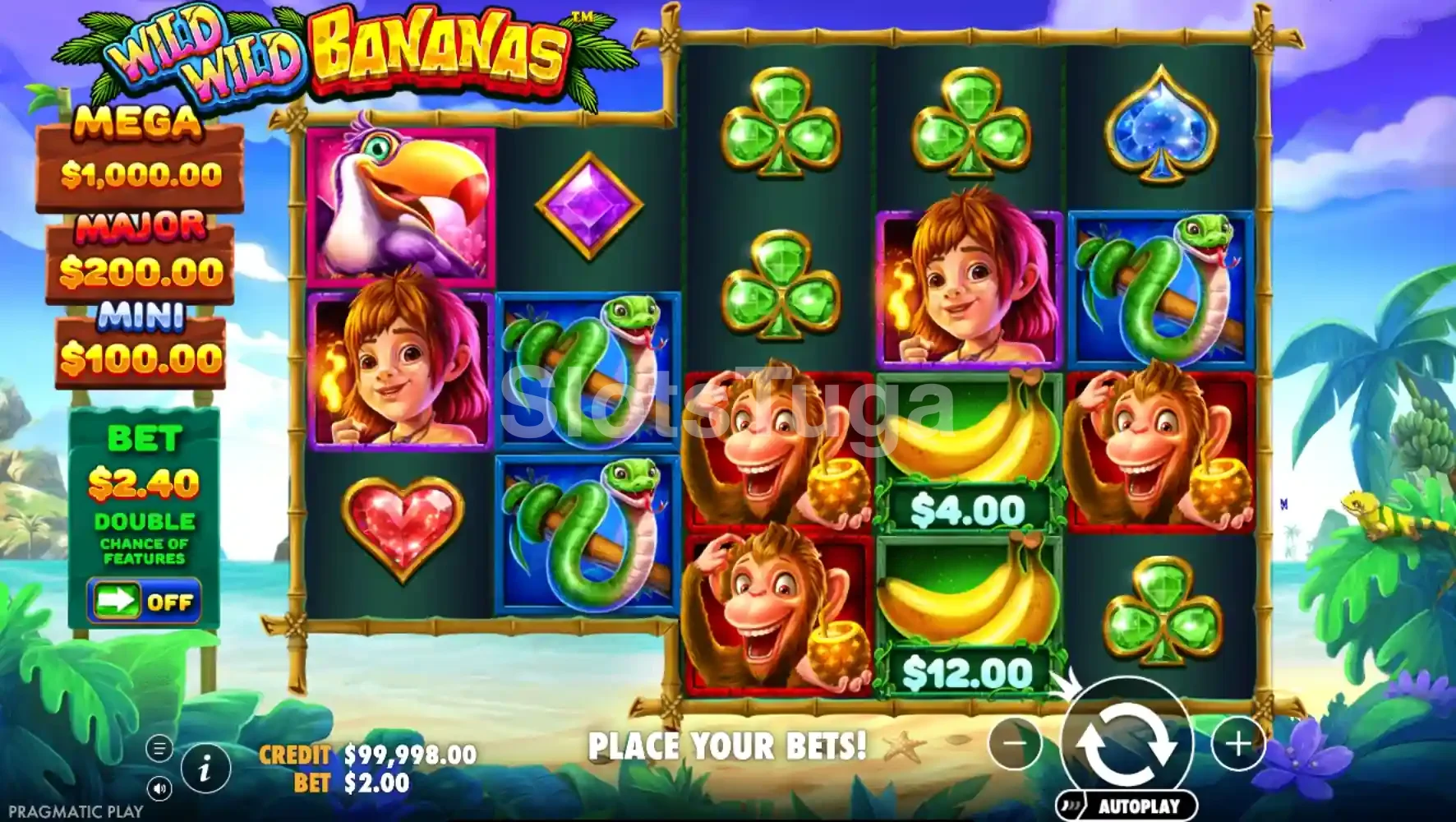 Jogo base da Wild Wild Bananas com grade tropical e símbolos de frutas