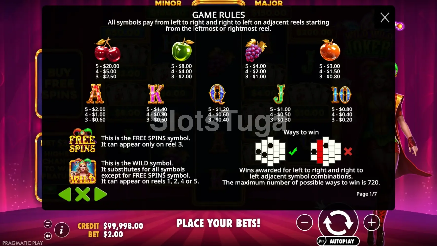 Tabela de pagamentos da slot Wild Wild Joker com todos os símbolos