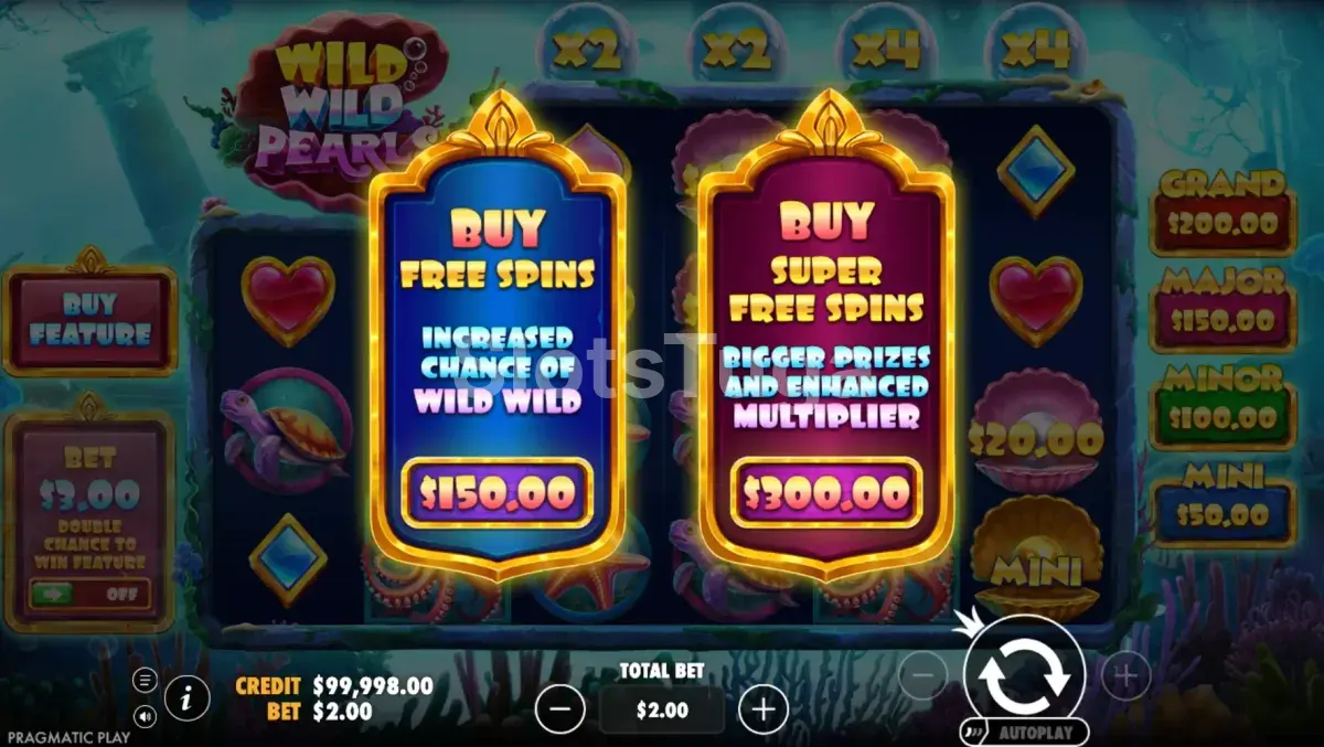 Tela de compra de bônus do Wild Wild Pearls com as opções de Free Spins e Super Free Spins