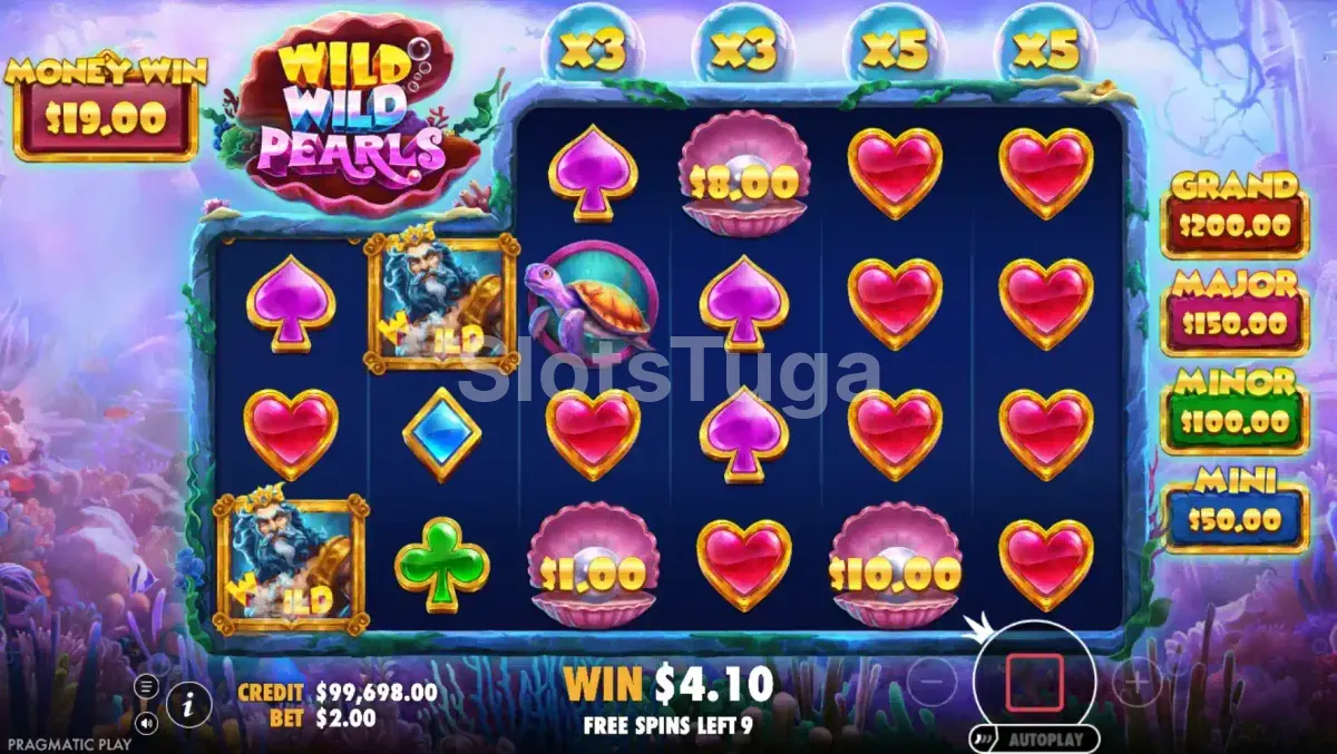Rodadas grátis ativadas no Wild Wild Pearls com os multiplicadores visíveis